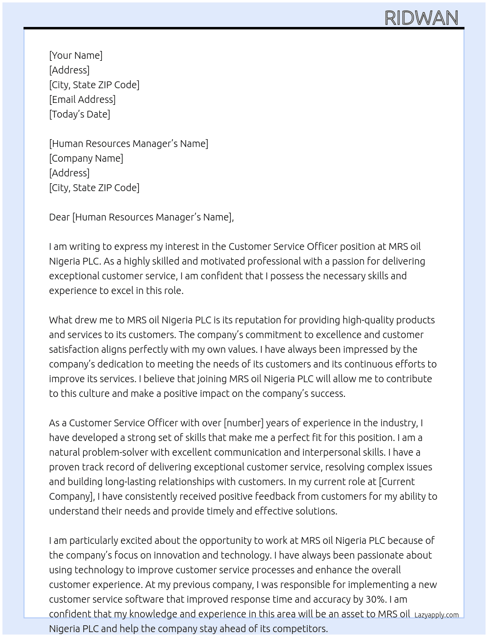 Costumer service officer  At MRS oil Nigeria PLC Cover Letter