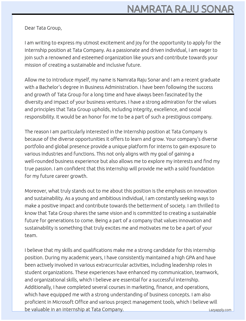 Internship  At Tata company  Cover Letter