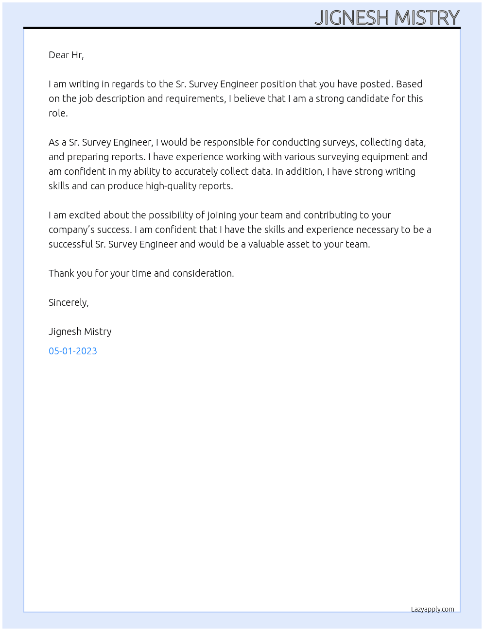 Sr. Survey Engineer At Survey Engineer Cover Letter