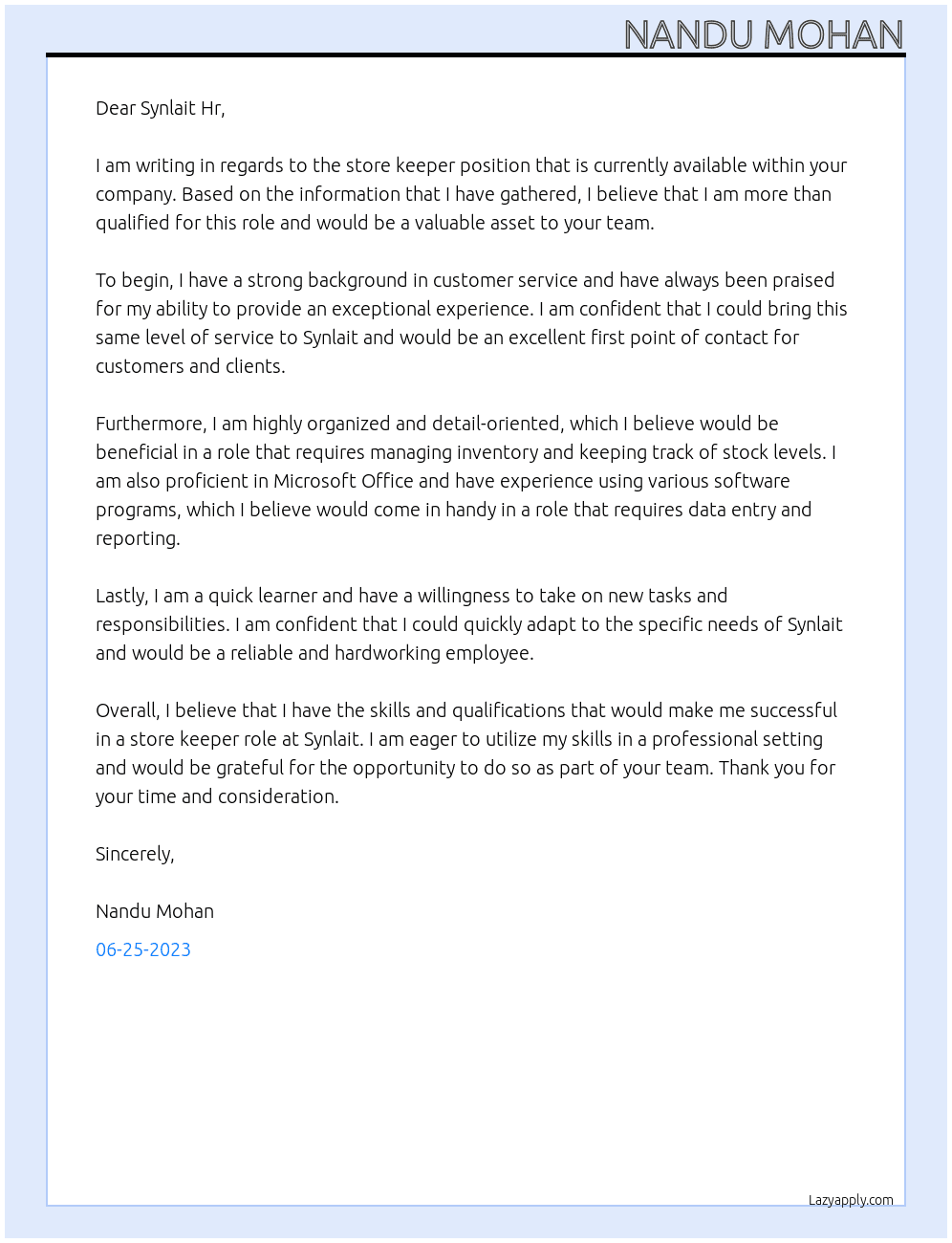 Store keeper At Synlait company  Cover Letter