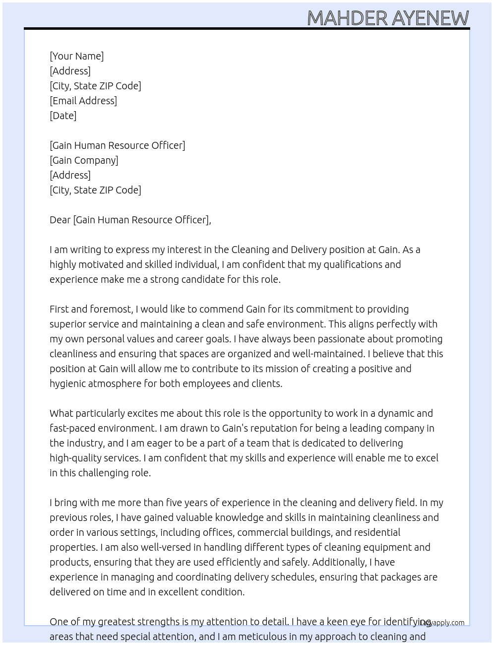 Cleaning and delivery At GAIN Cover Letter
