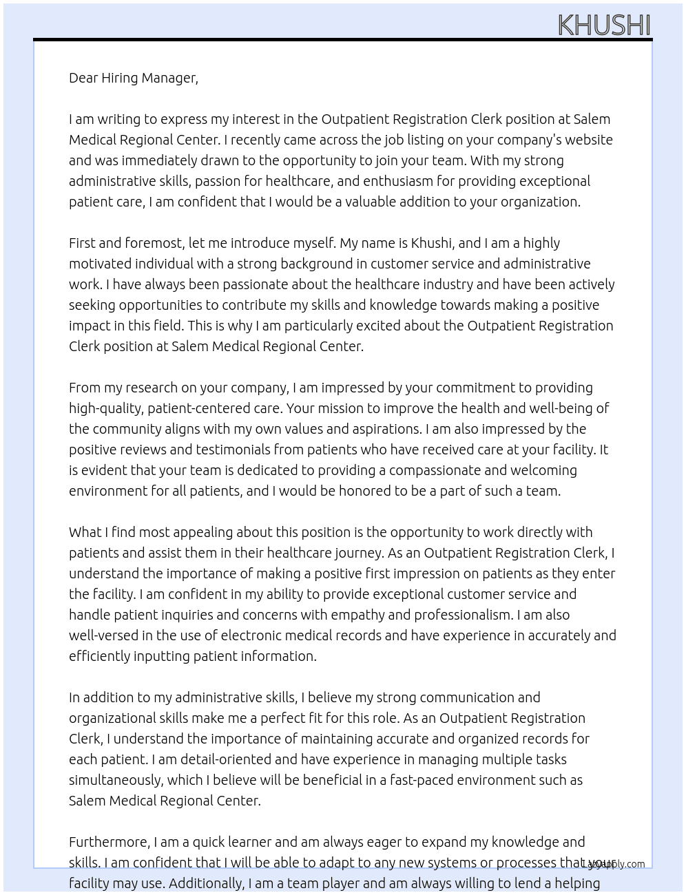 Outpatient Registration Clerk At Salem medical regional center Cover Letter
