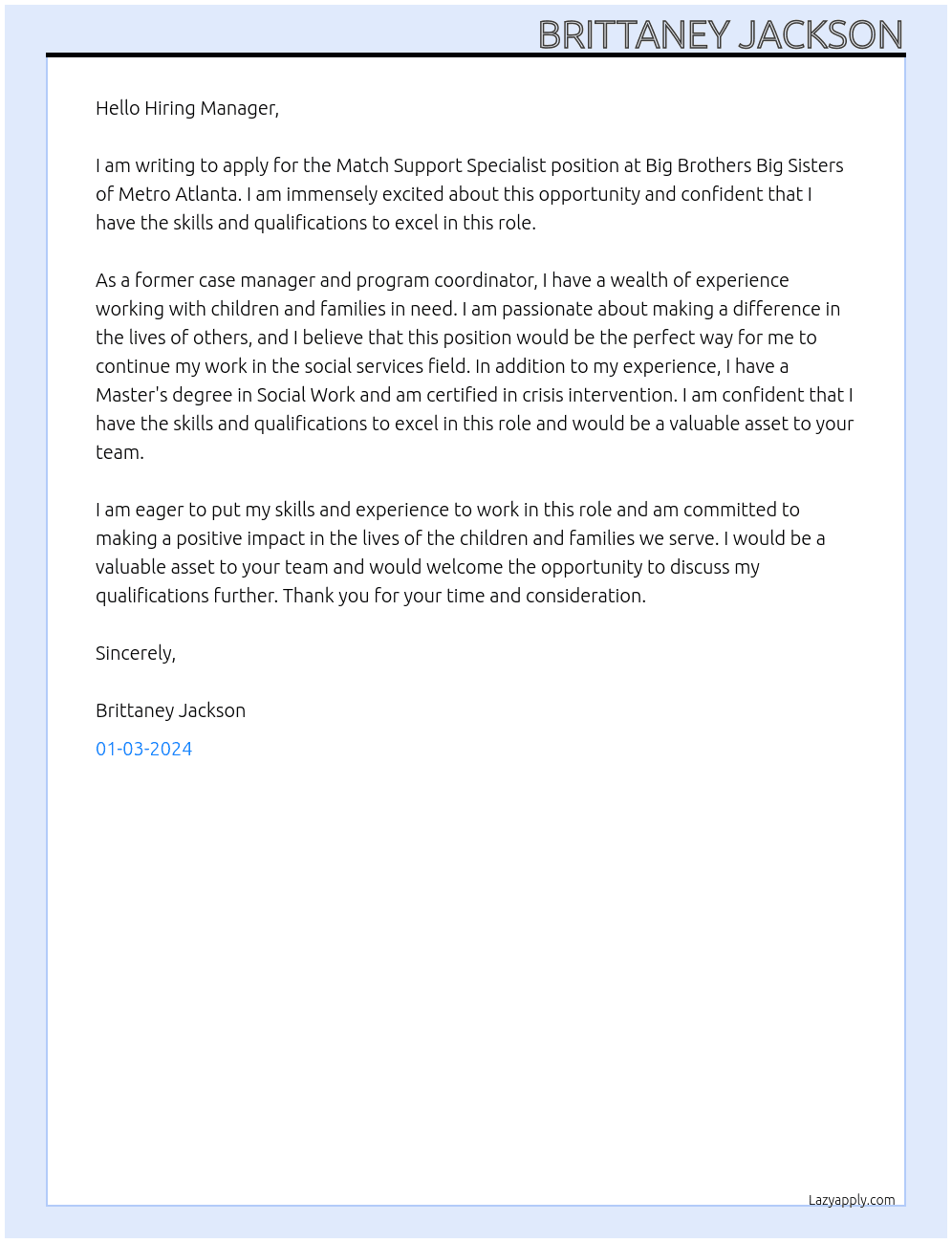 Match Support Specialist At Big Brothers Big Sisters of Metro Atlanta  Cover Letter
