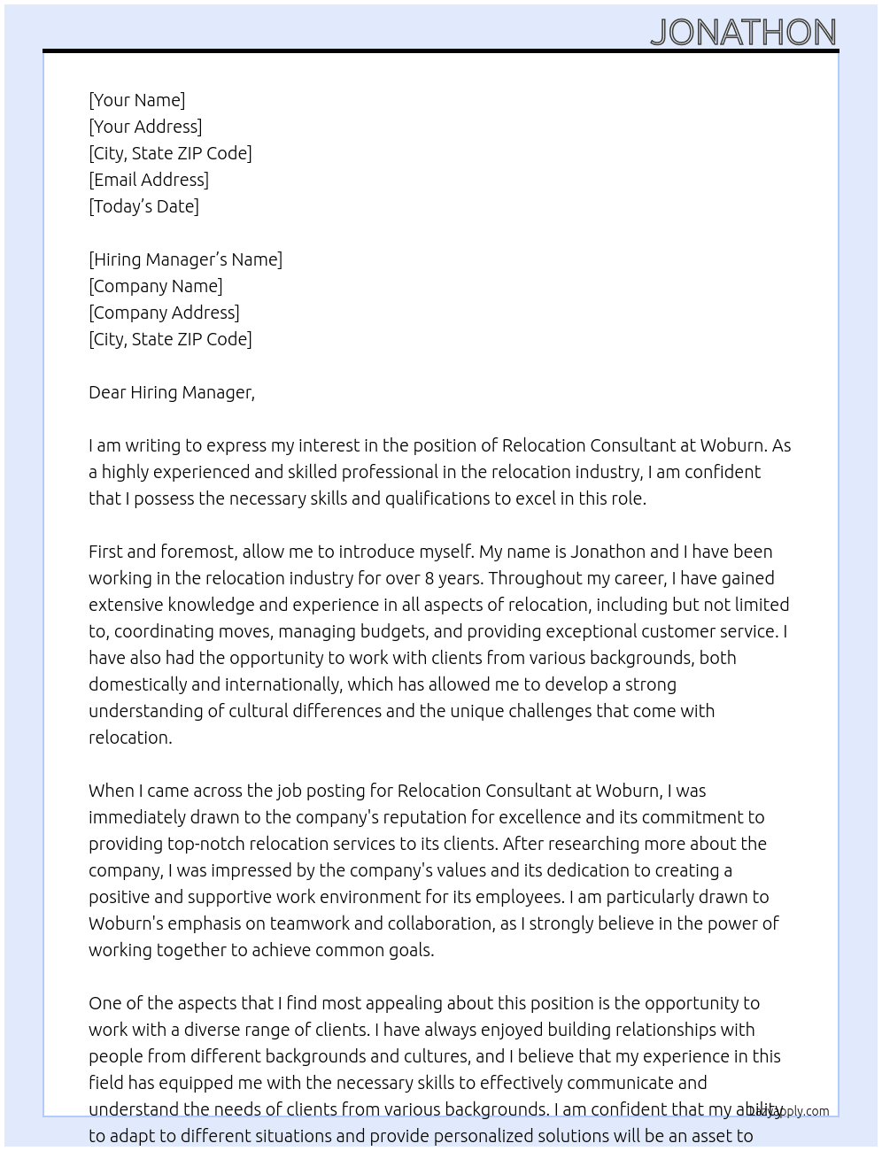 Relocation Consultant At Woburn Cover Letter