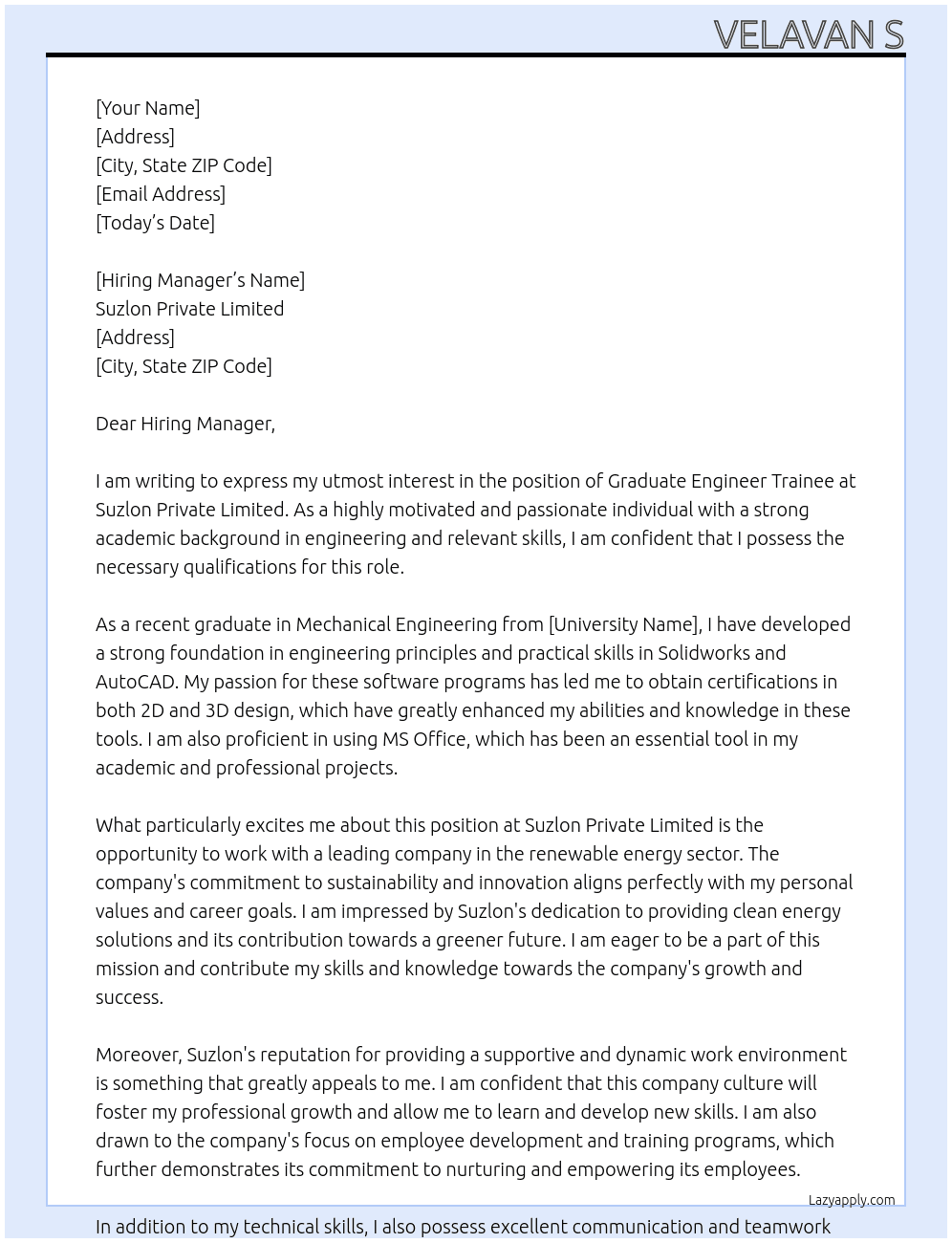 Graduate Engineer Trainee  At Suzlon private limited  Cover Letter