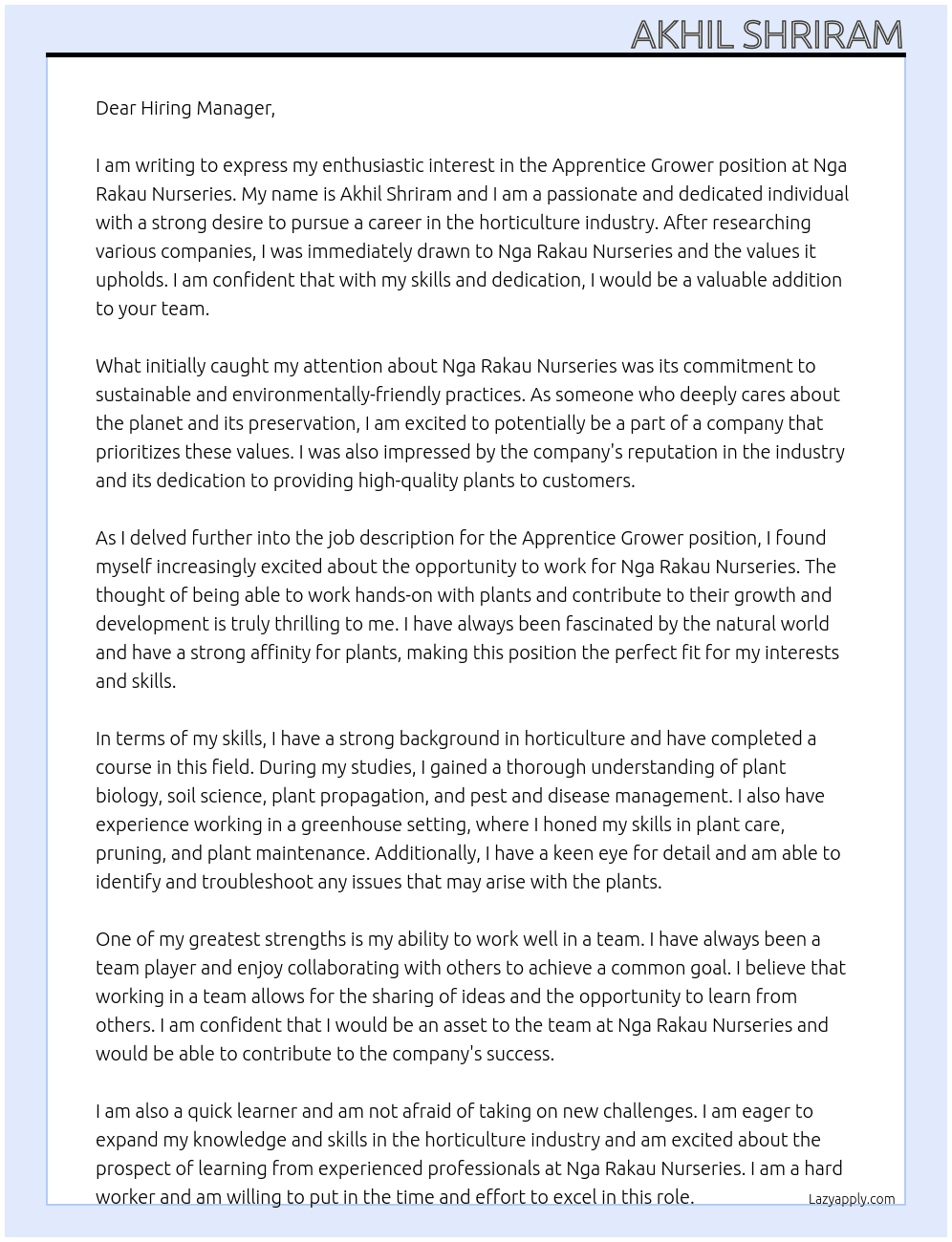 Apprentice Grower At Nga Rakau Nurseries Cover Letter