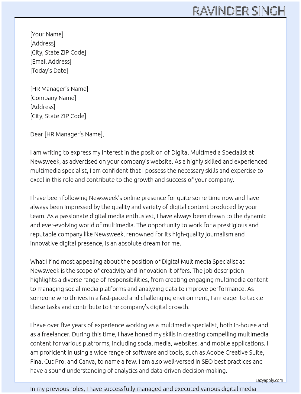 digital multimedia specalist At newsweek Cover Letter
