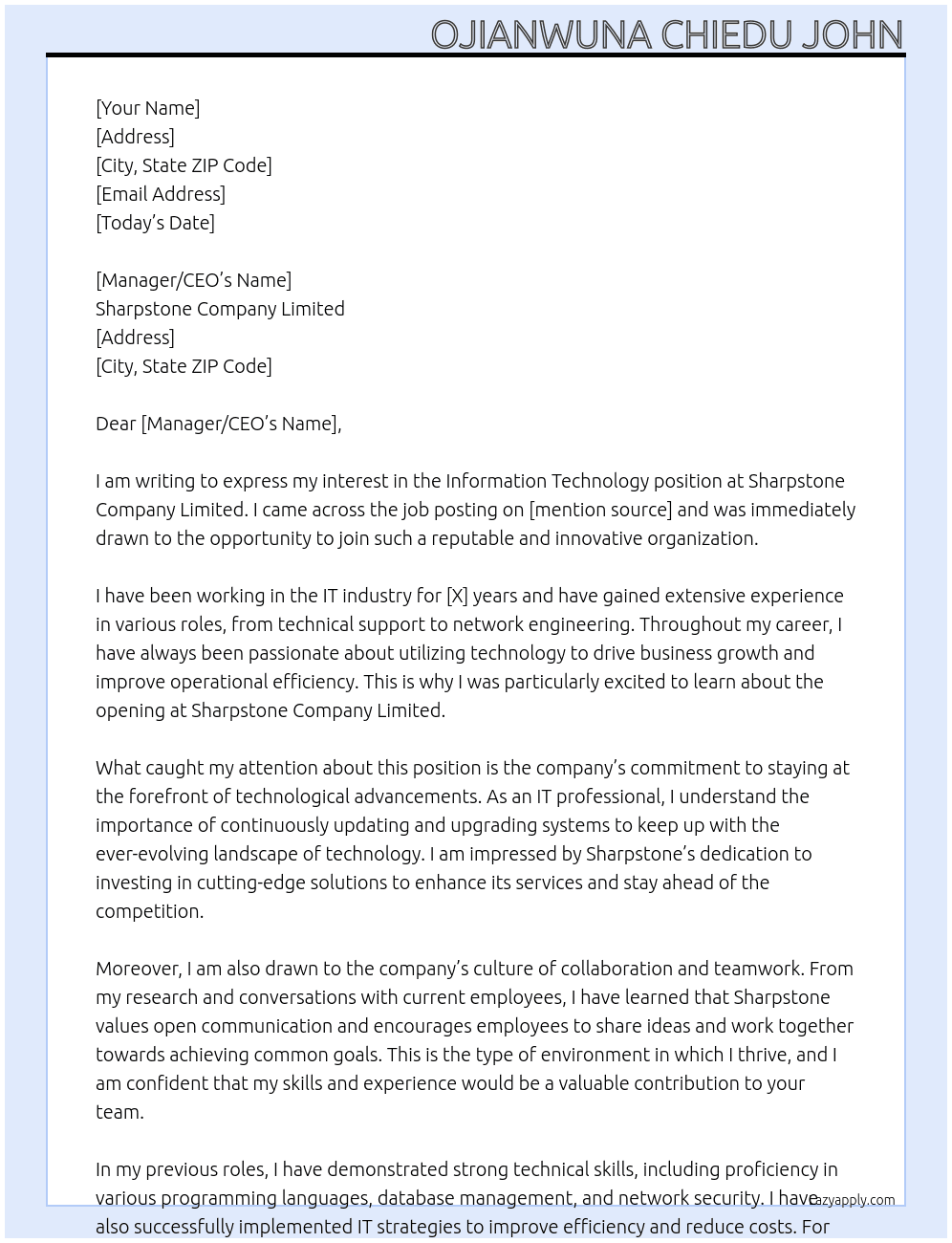 Information Technology  At Sharpstone Company Limited Cover Letter
