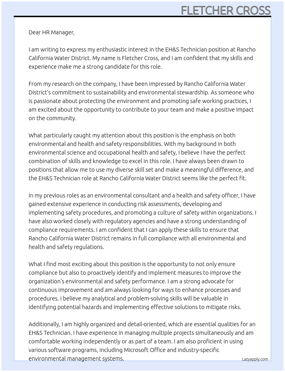 EH&S Technician At Rancho California Water District Cover Letter