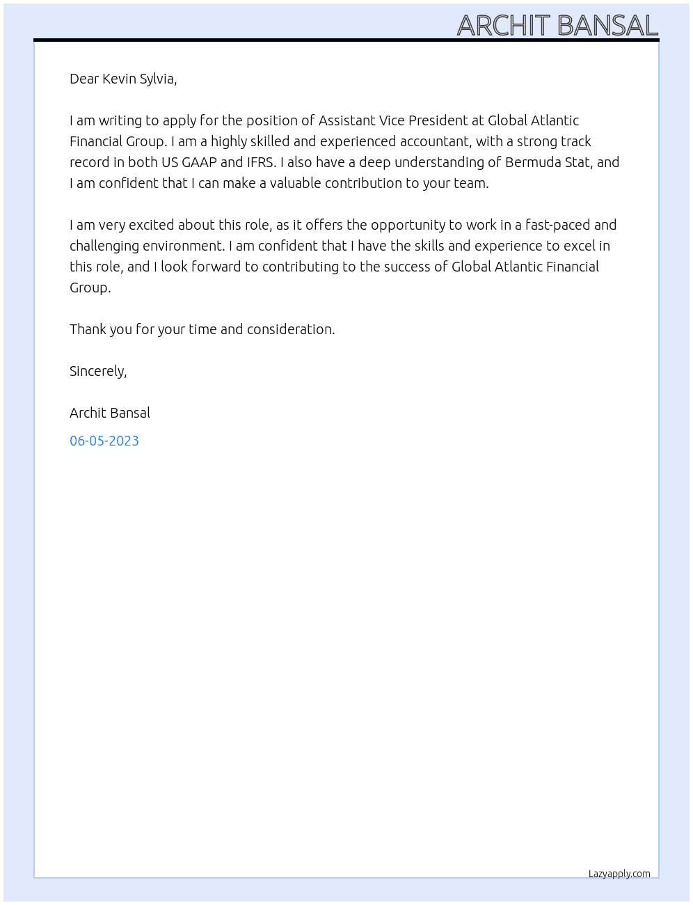 Assistant Vice President At Global Atlantic Financial Group Cover Letter