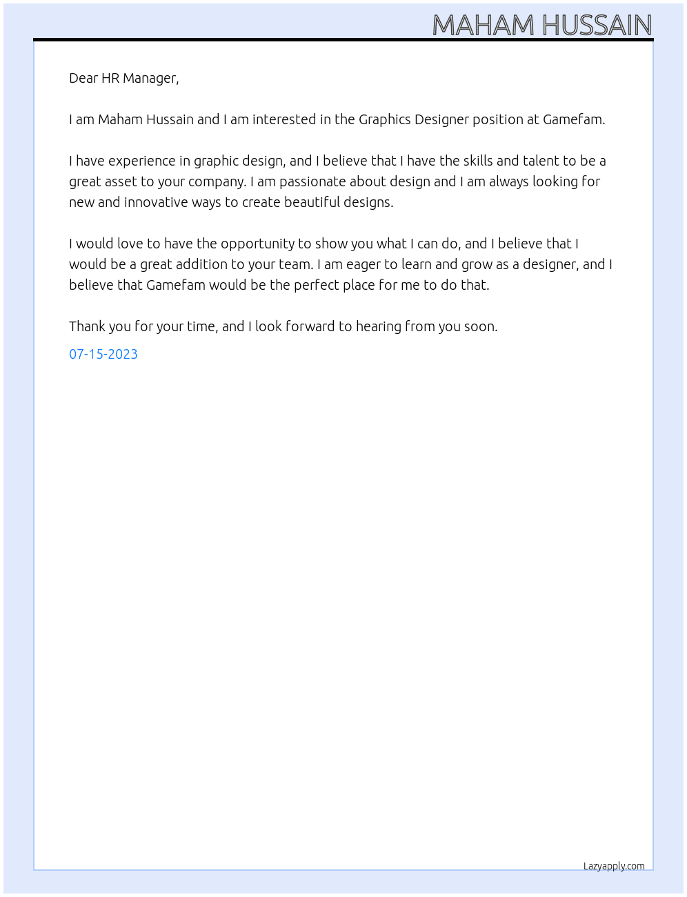 Graphics Designer At Gamefam Cover Letter