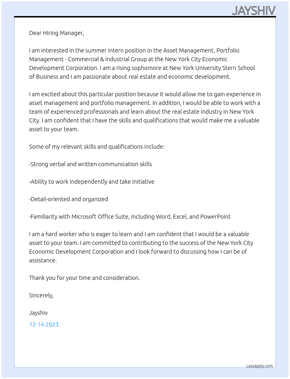 Summer Intern, Asset Management, Portfolio Management - Commercial & Industrial Group At New York City Economic Development Corporation Cover Letter