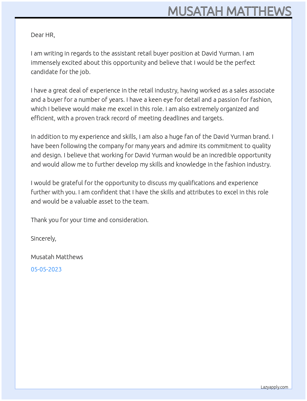 assistant retail buyer At david yurman Cover Letter