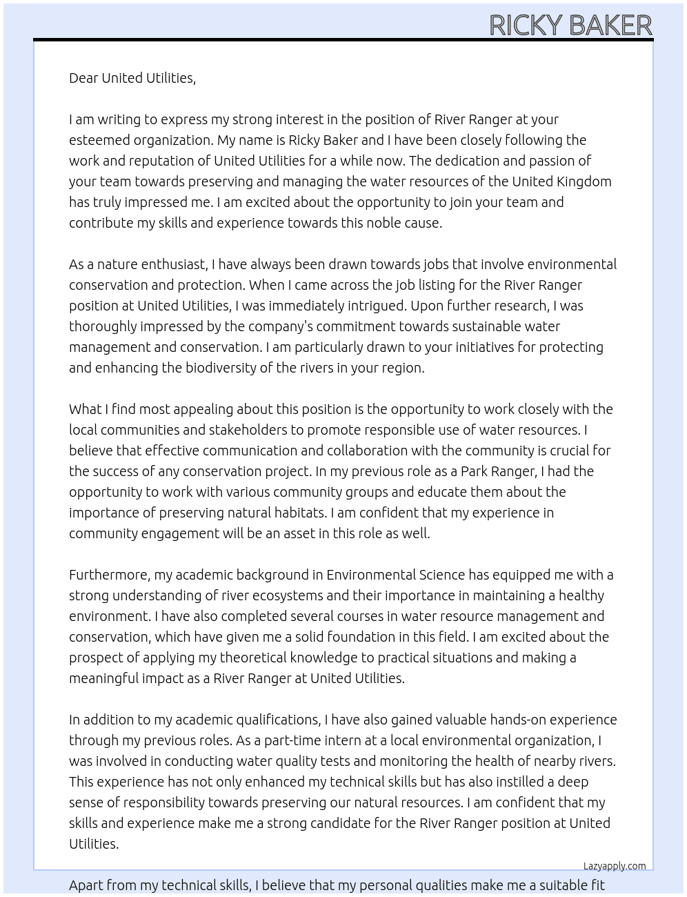 river ranger At river ranger Cover Letter