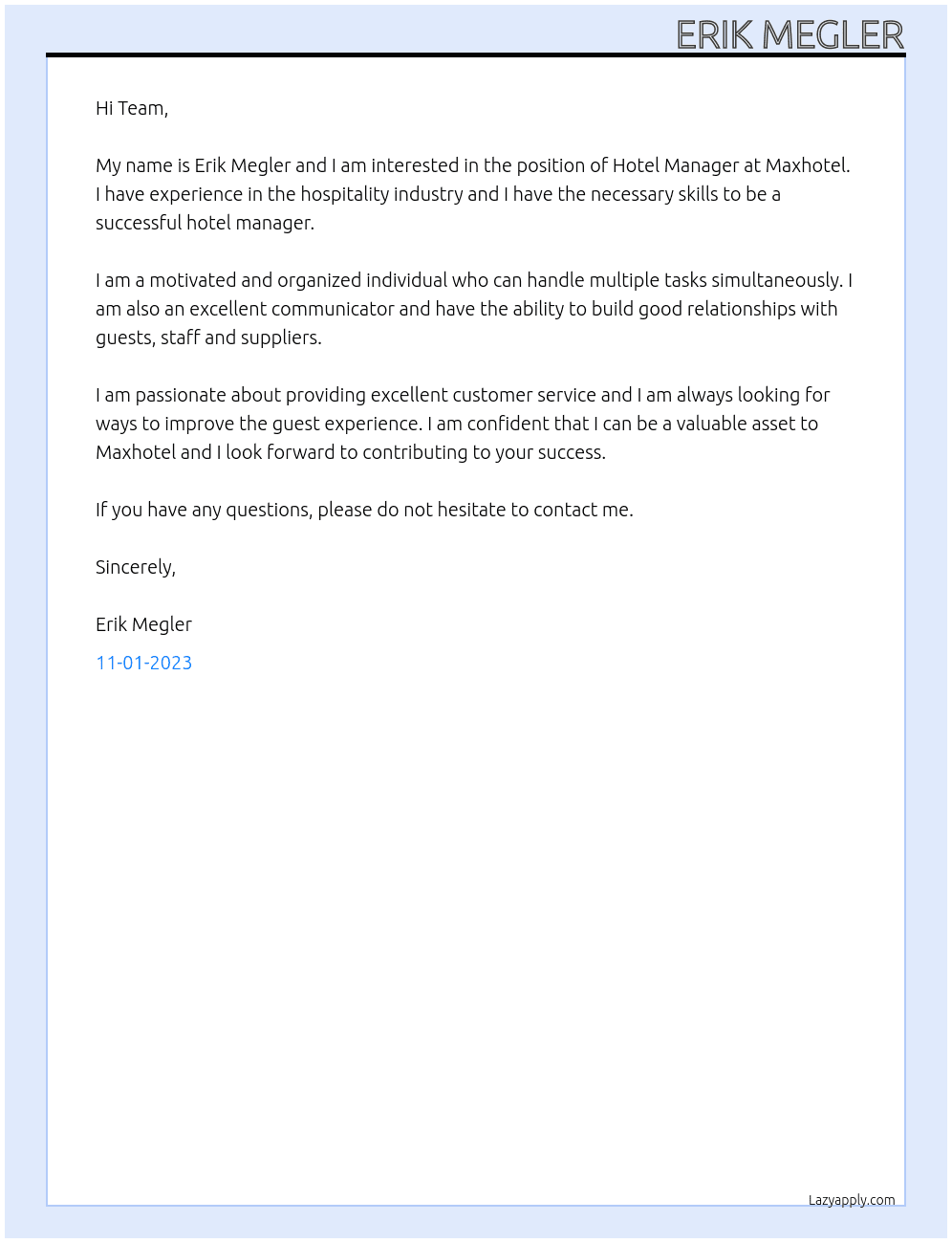 Hotel Manager At Maxhotel Cover Letter