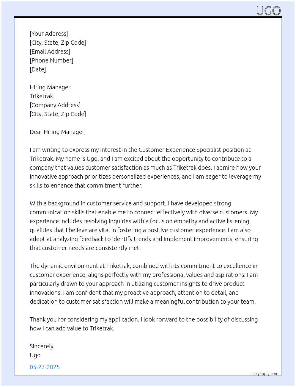 customer experience specialist At Triketrak Cover Letter