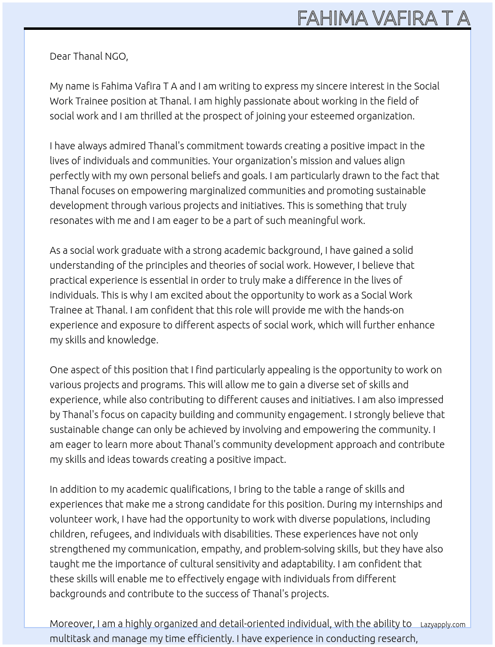 Social Work Trainee At Thanal Cover Letter
