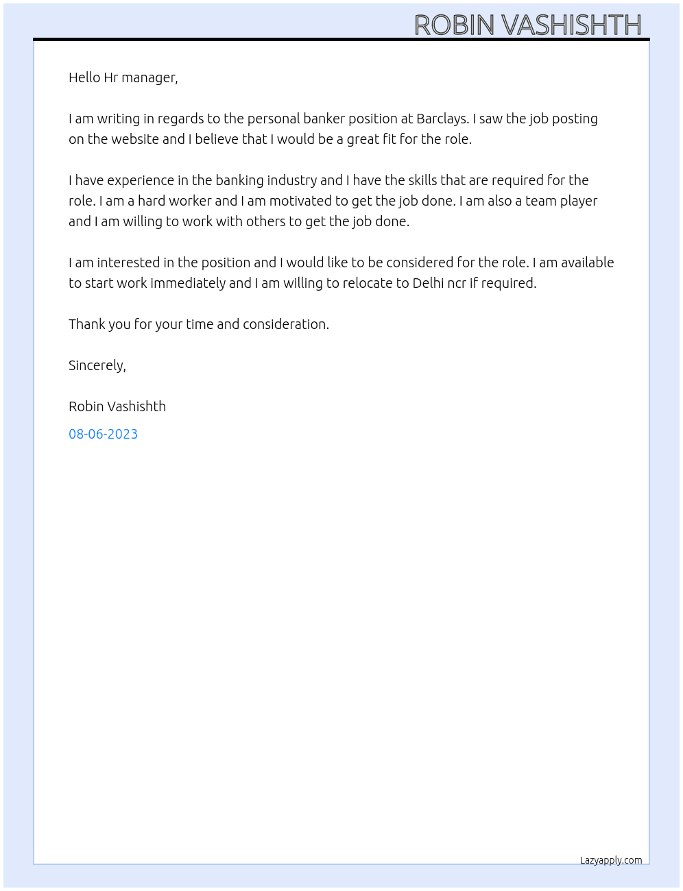 Personal banker  At Barclays  Cover Letter