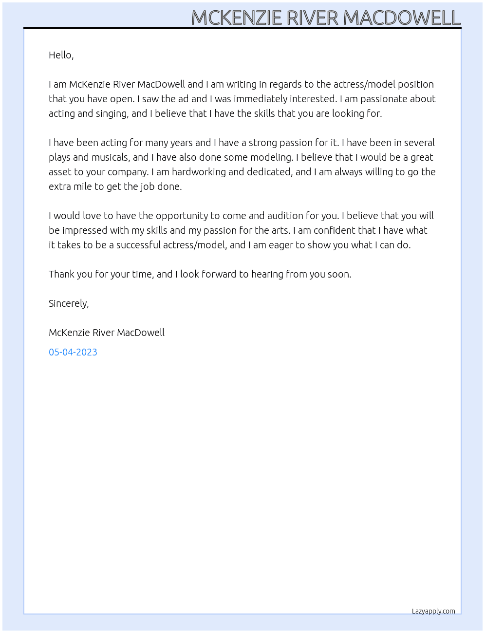Actress/Model At Don Lewis Cover Letter