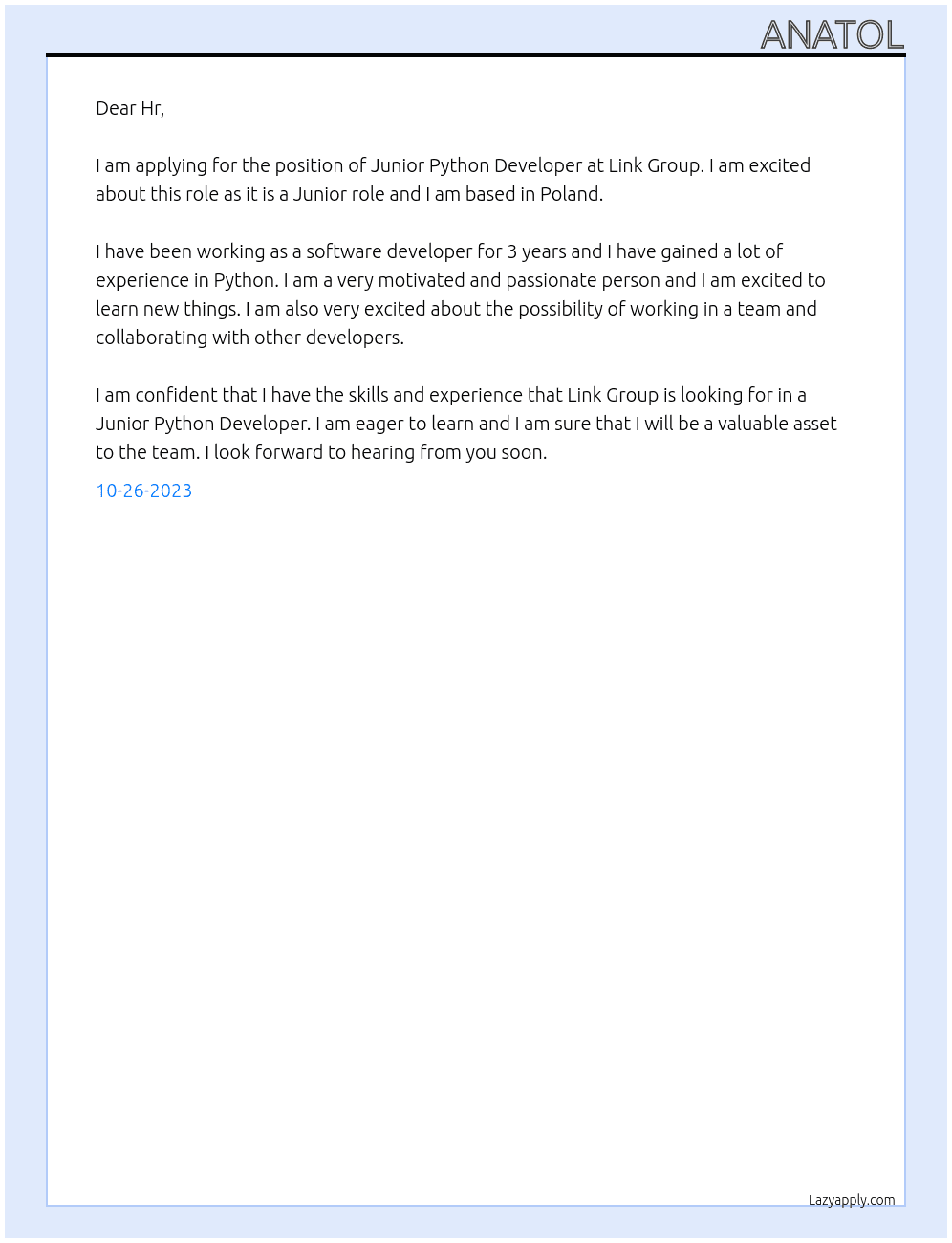 Junior Python Develope At Link Group Cover Letter