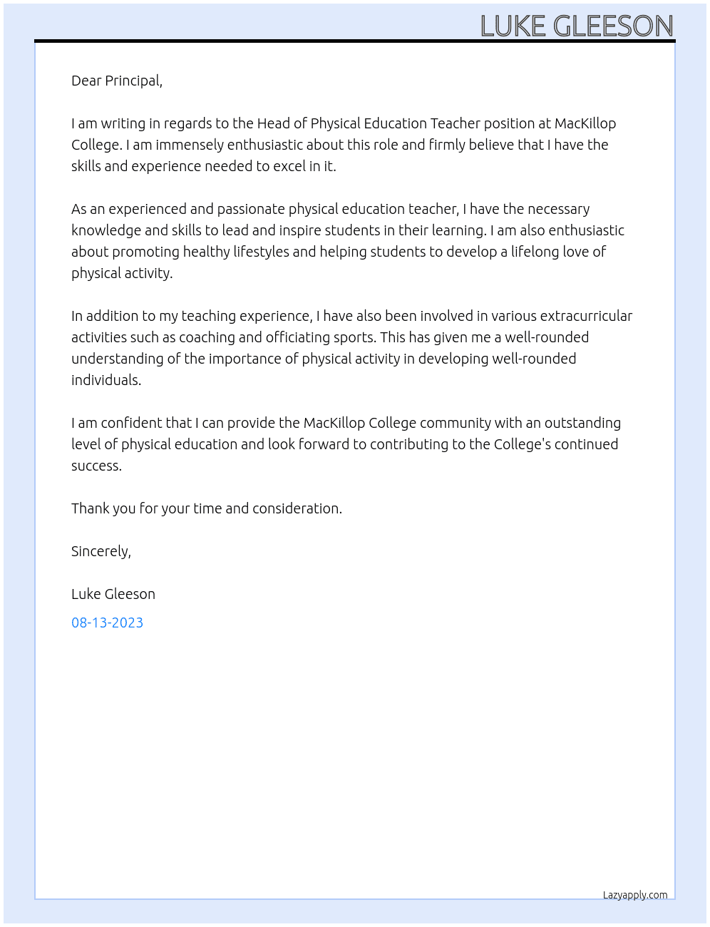 Head of physical education teacher  At MacKillop College  Cover Letter