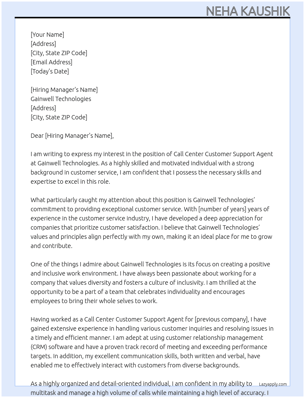 Call Center Customer Support Agent At Gainwell Technologies Cover Letter