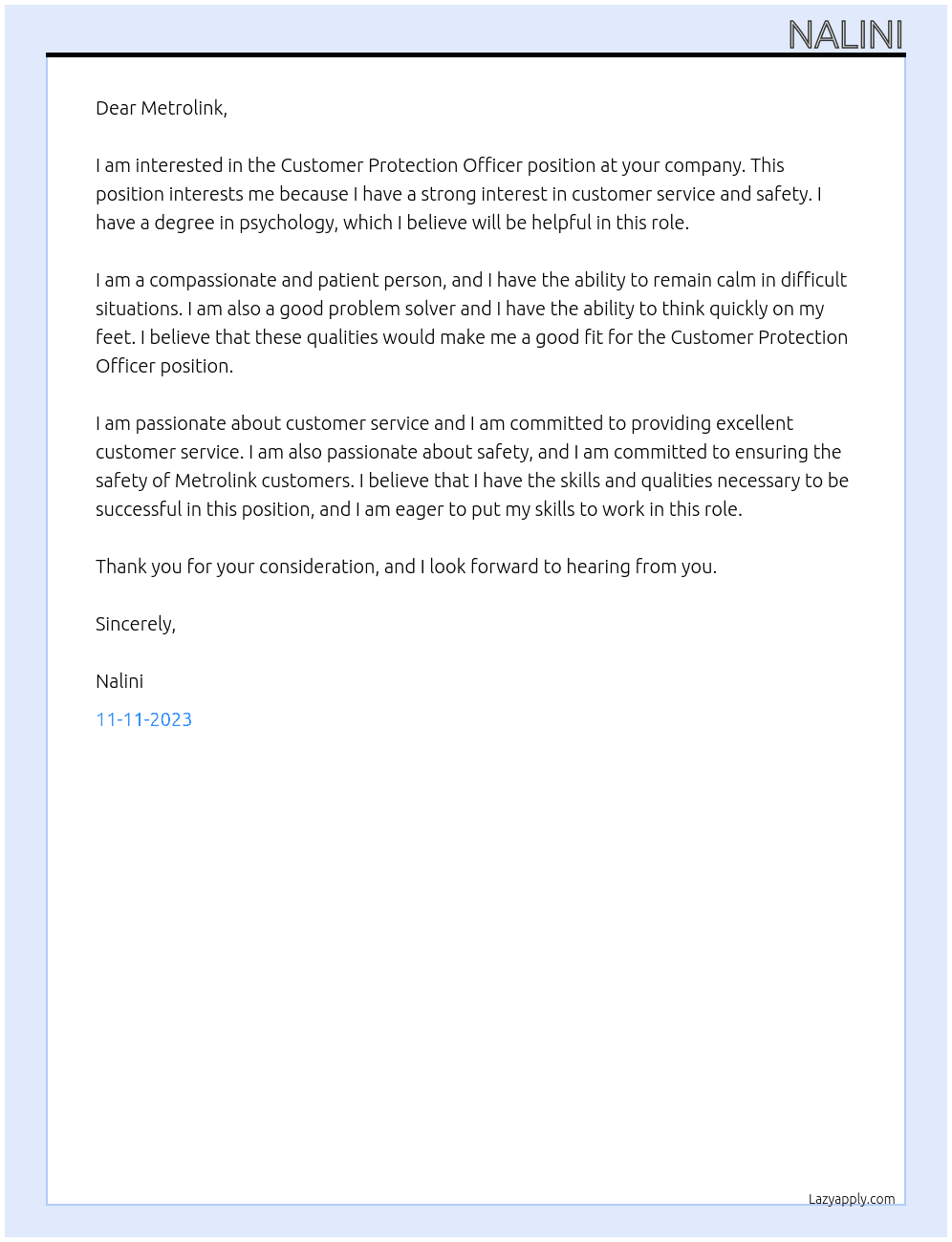 Customer Protection Officer At Metrolink  Cover Letter