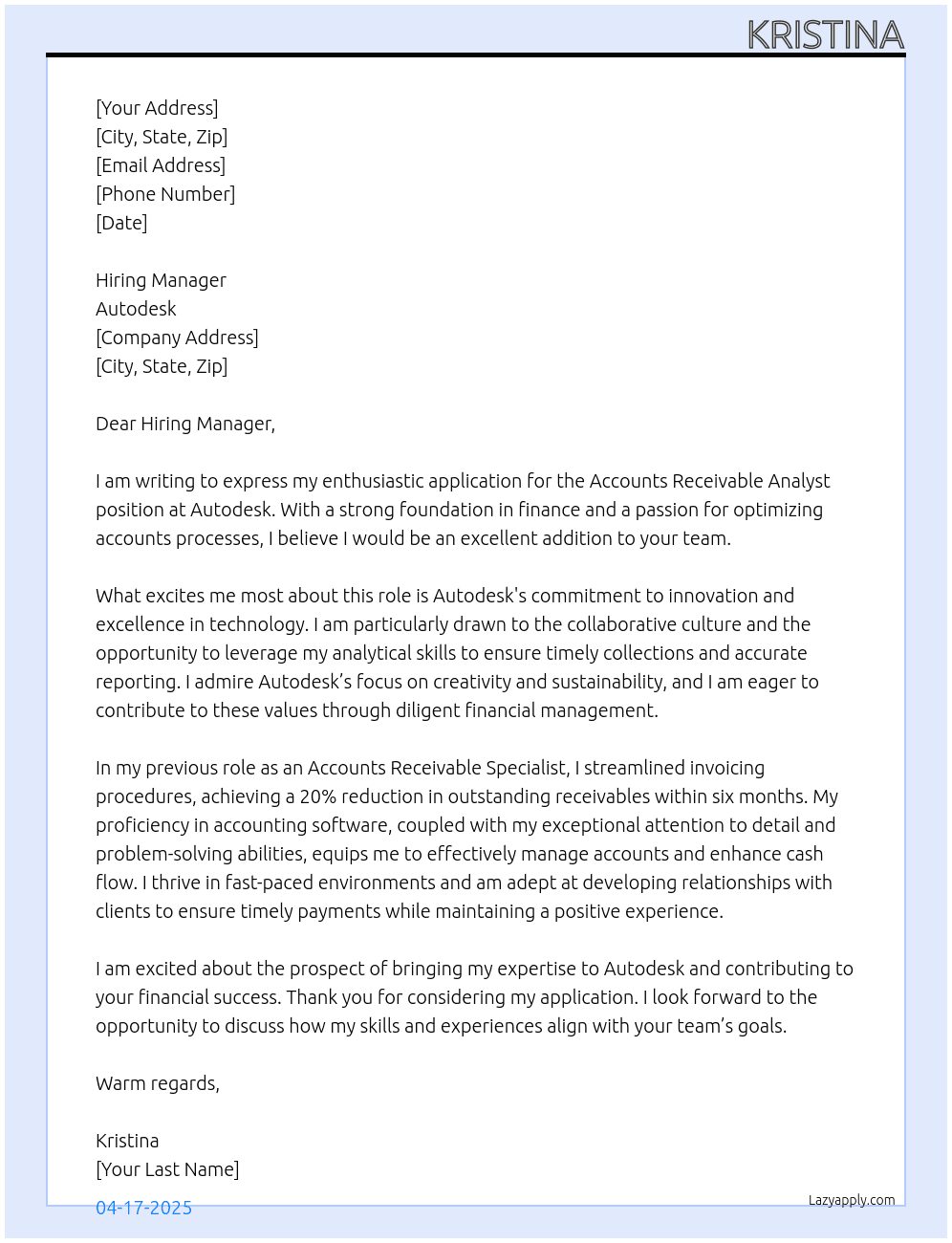 Accounts Receivable Analyst At autodesk Cover Letter