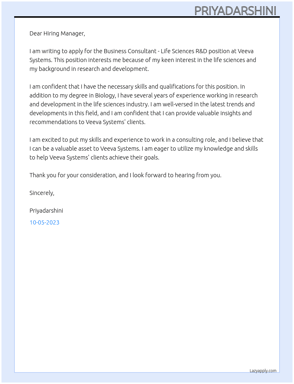 Business Consultant - Life Sciences R&D  At Veeva Systems Cover Letter