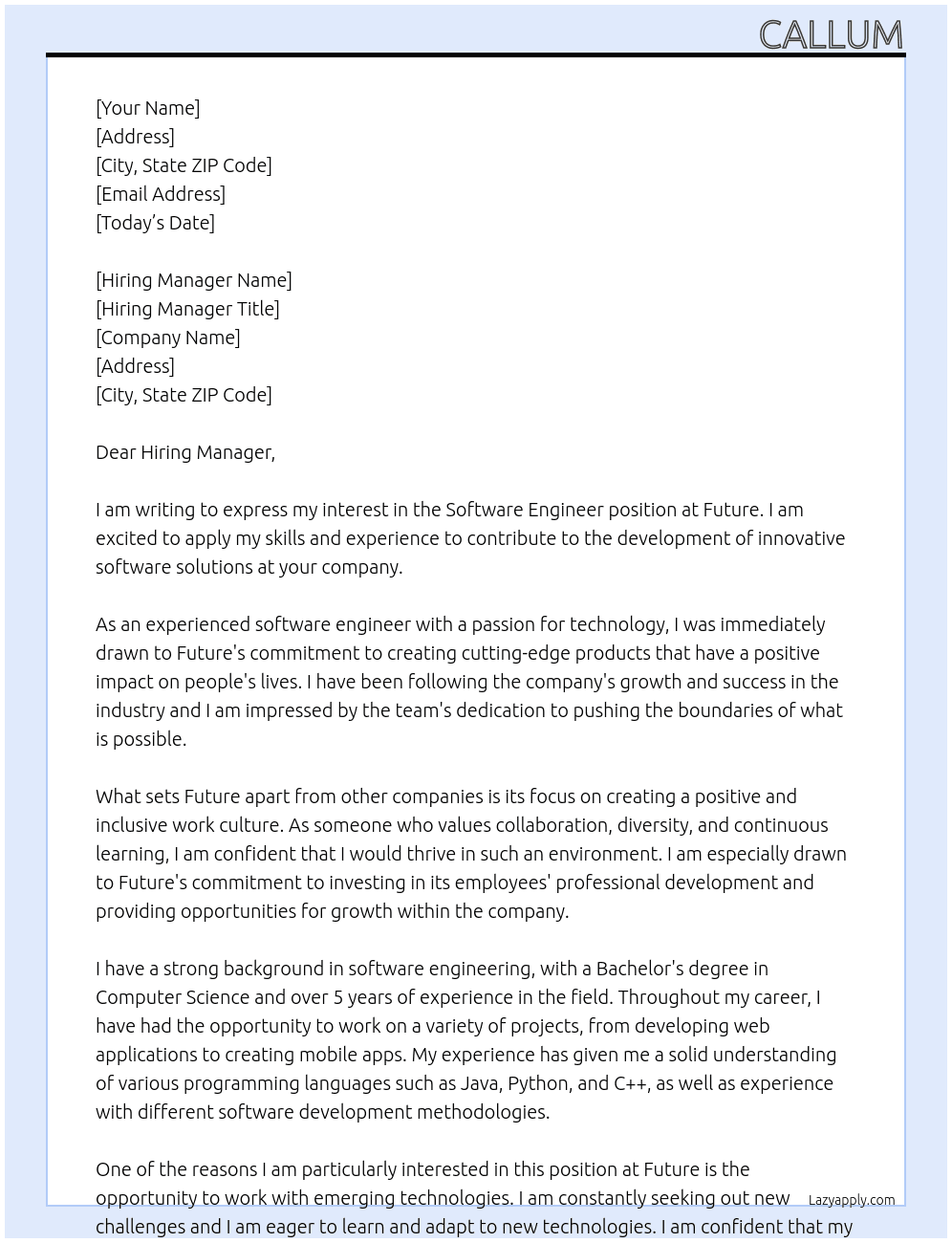 Software Engineer At Future Cover Letter