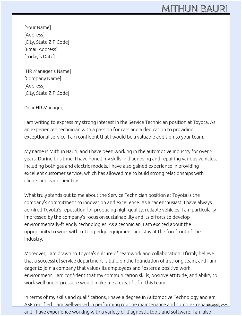 Cover letter for service technicians - LazyApply