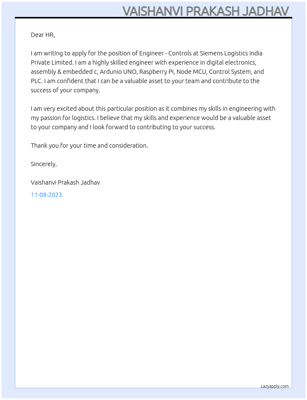 Engineer - Controls At Siemens Logistics India Private Limited Cover Letter