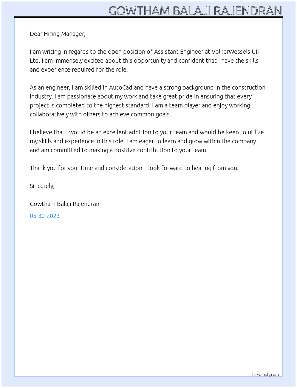 Assistant engineer At VolkerWessels UK Ltd Cover Letter