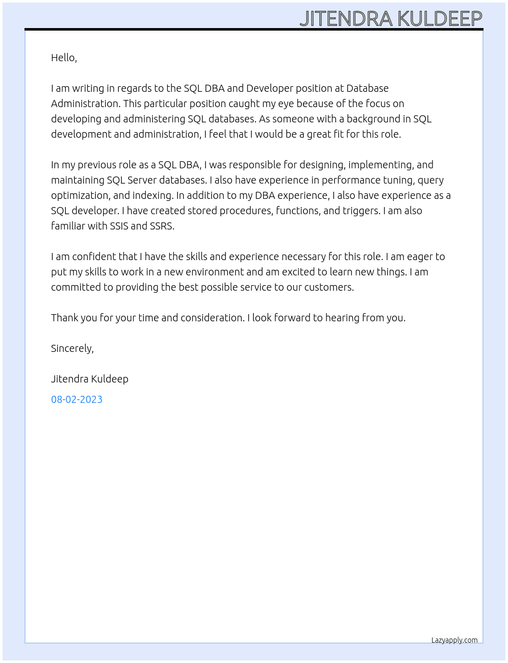SQL DBA AND DEVELOPET At Database Administration Cover Letter