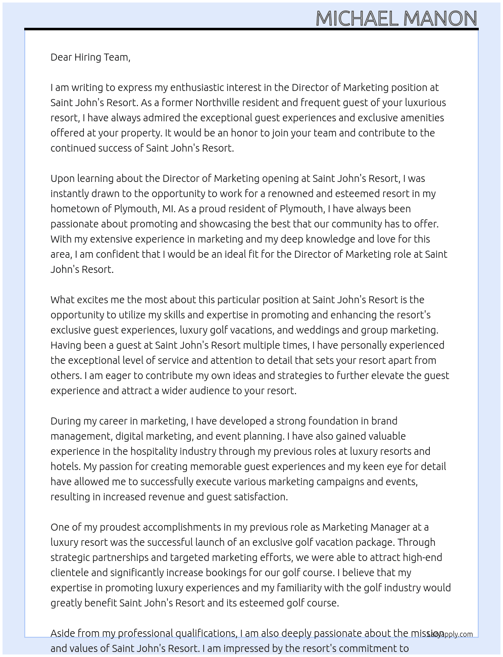 Director of Marketing At Saint John's Resort Cover Letter
