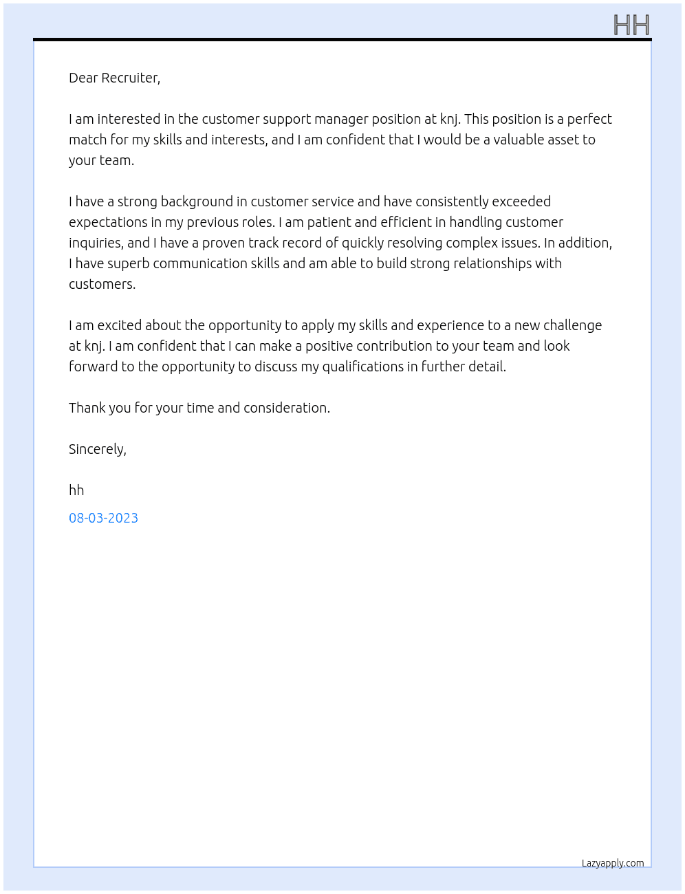 customer support manager At knj Cover Letter