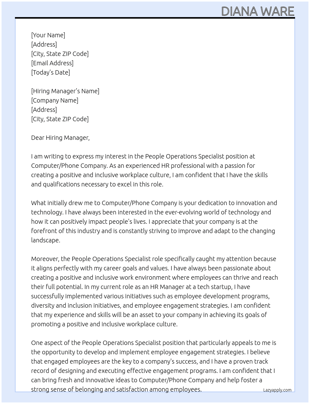 People operations specialist  At Computer/phone company  Cover Letter