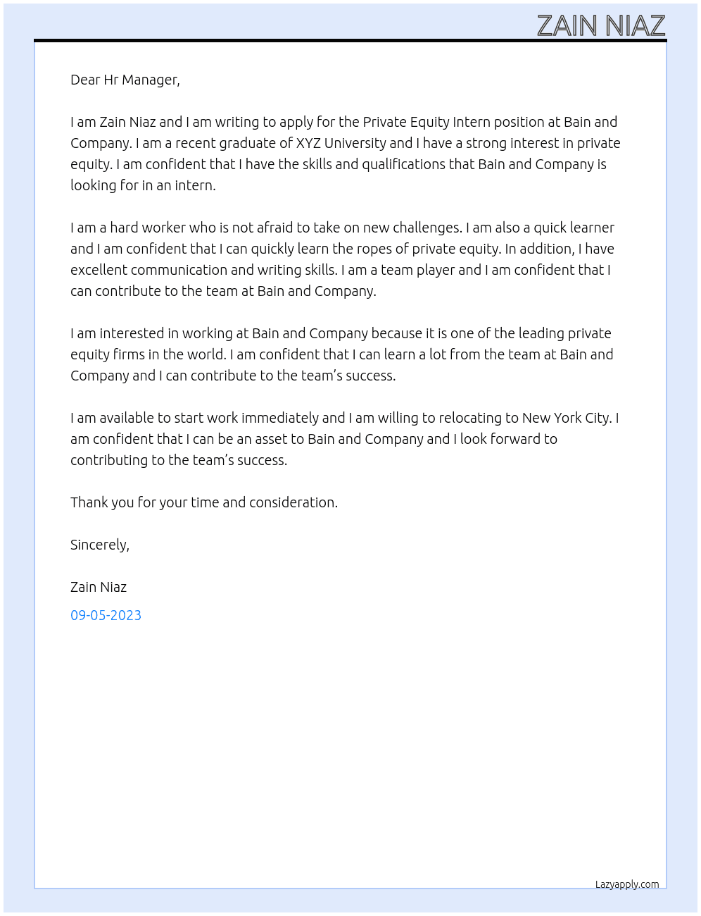 Private Equity Intern At Bain and Company Cover Letter