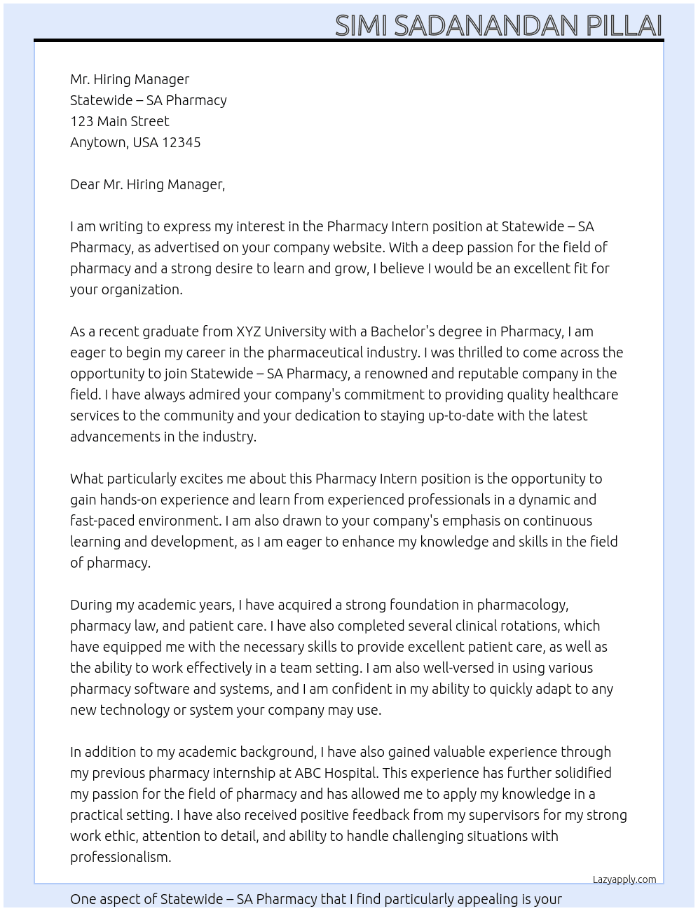 Pharmacy Intern At Statewide – SA Pharmacy  Cover Letter