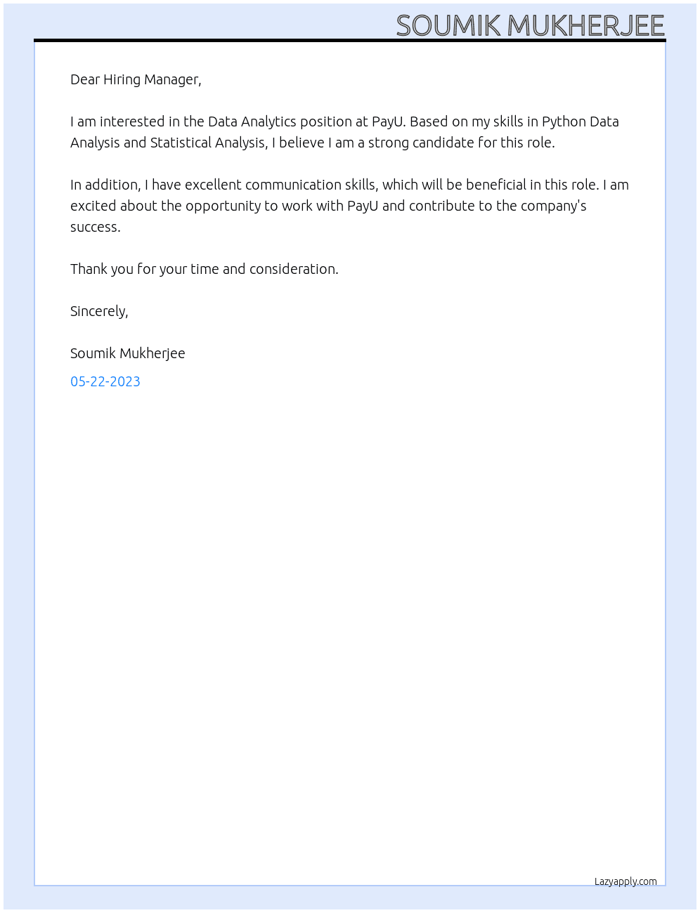 Data analytics At PayU Cover Letter