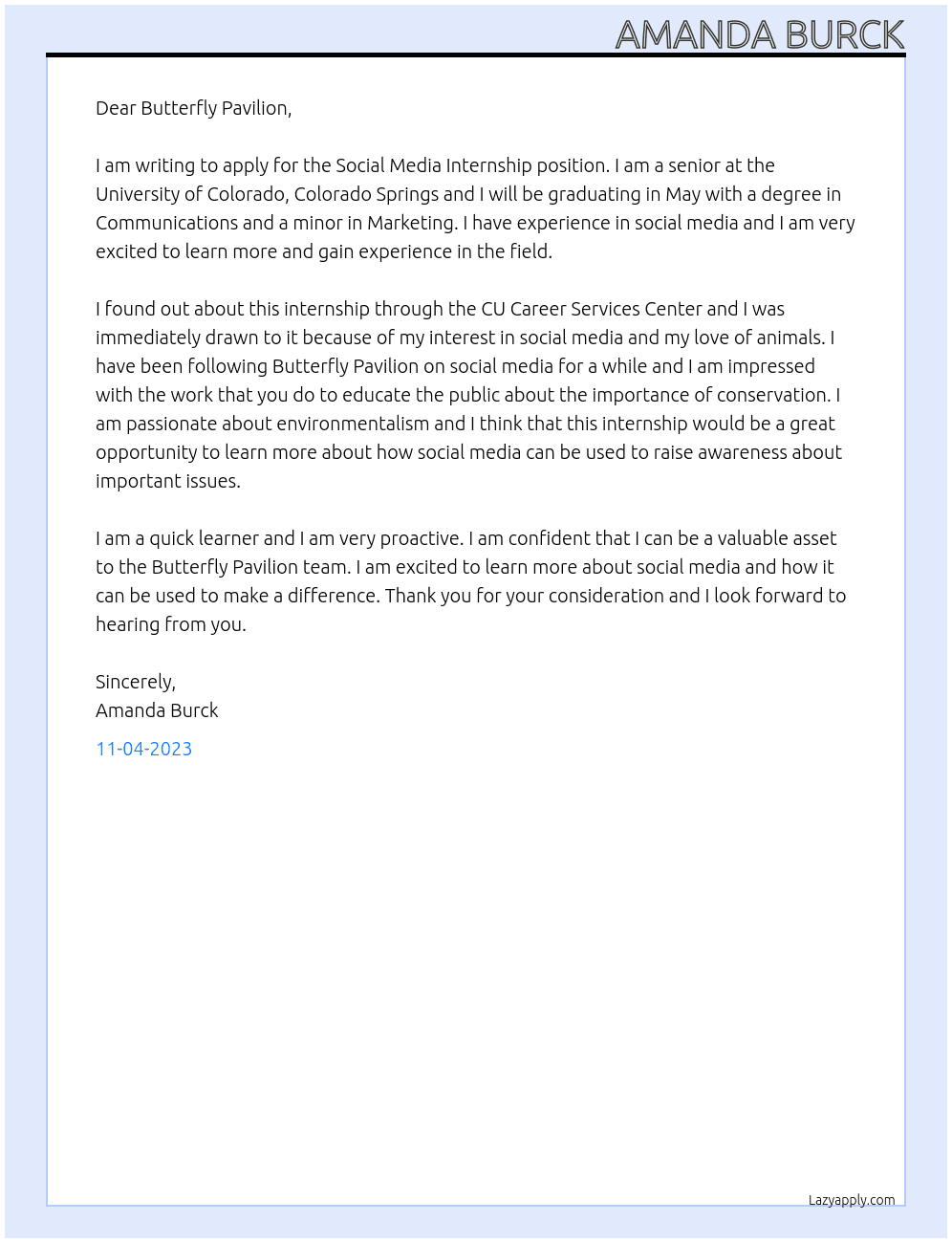 Social Media Intership At Butterfly Pavilion  Cover Letter