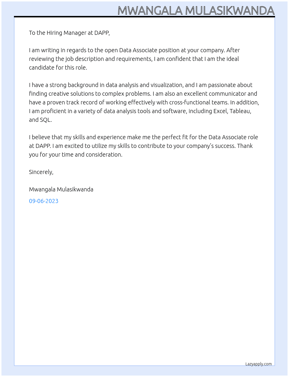 data associates At DAPP Cover Letter