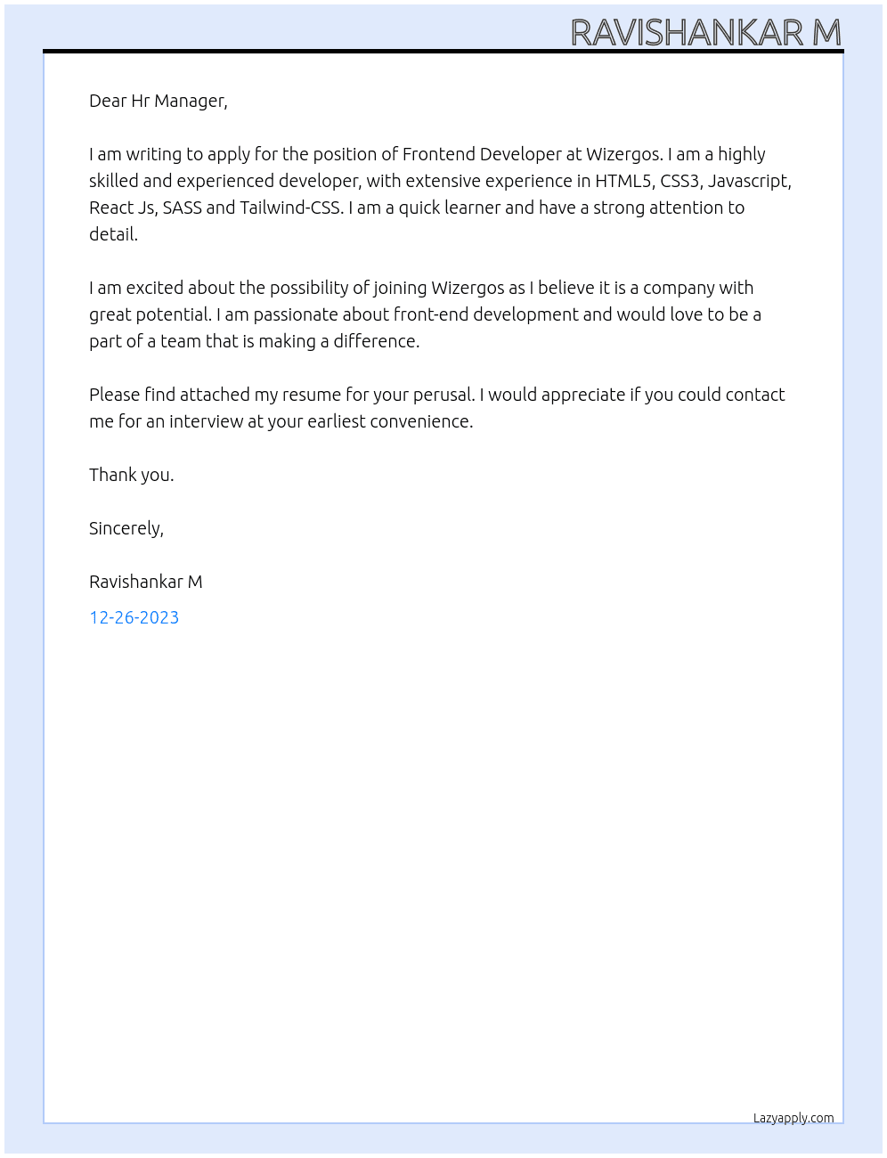 Frontend Developer  At Wizergos Cover Letter