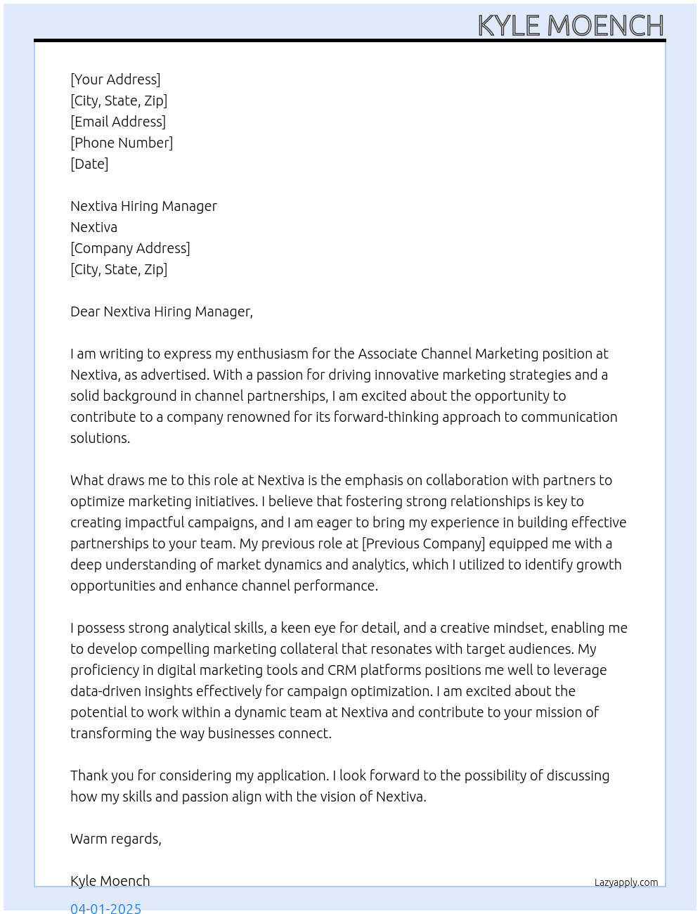 Associate Channel Marketing At Nextiva Cover Letter