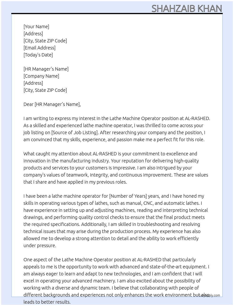 Lathe Machine Operator At AL-RASHED Cover Letter
