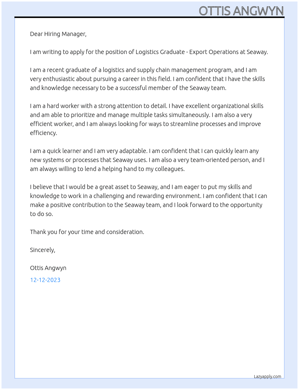 Logistics Graduate - Export Operations At Seaway Cover Letter