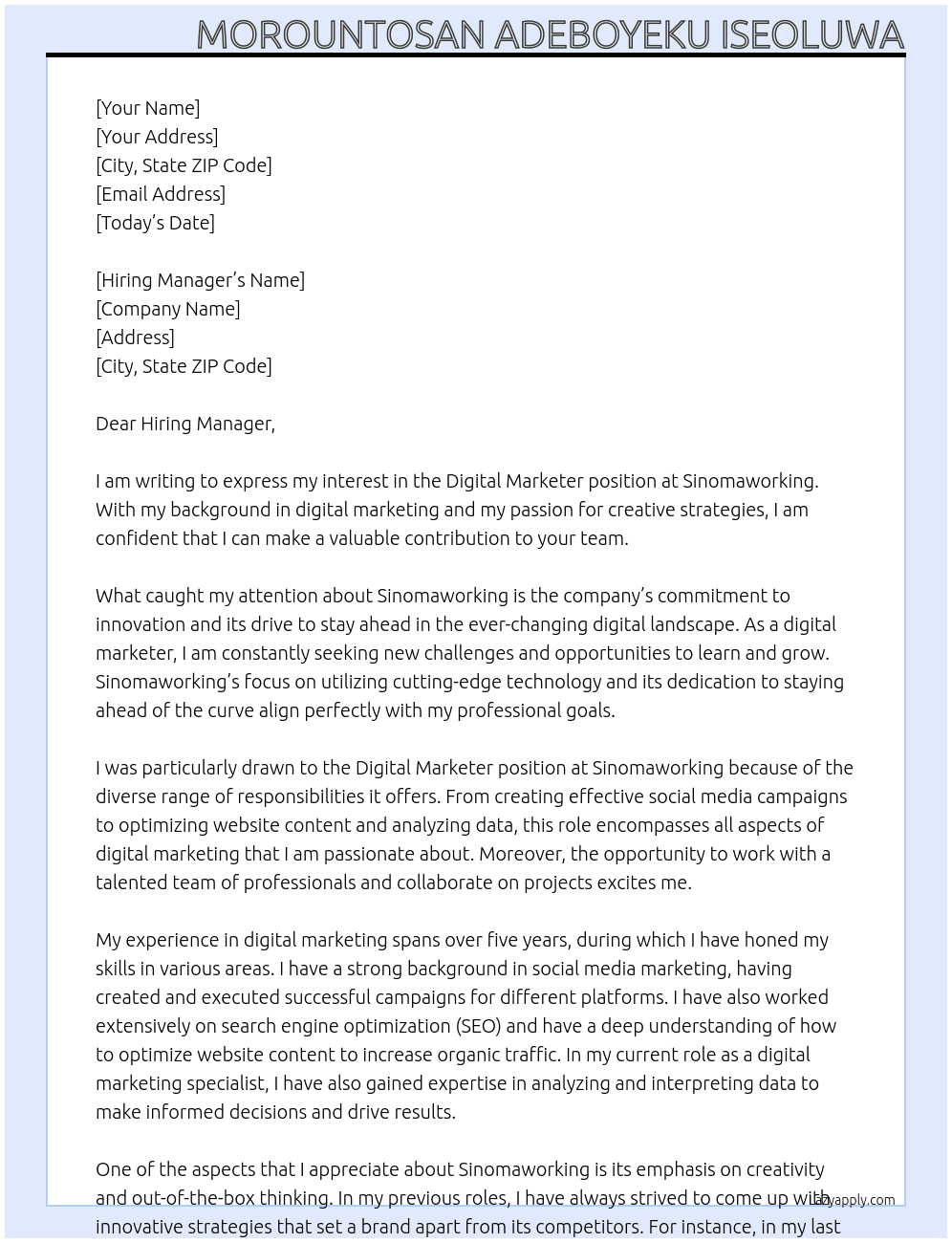 Digital Marketer At Sinomaworking Cover Letter