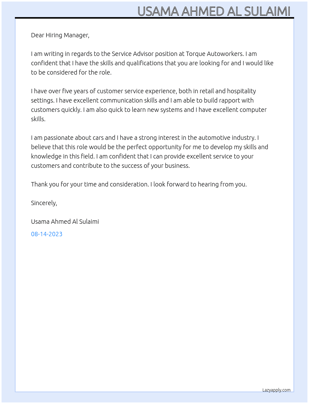 SERVICE ADVISOR At Torque Autoworkers  Cover Letter