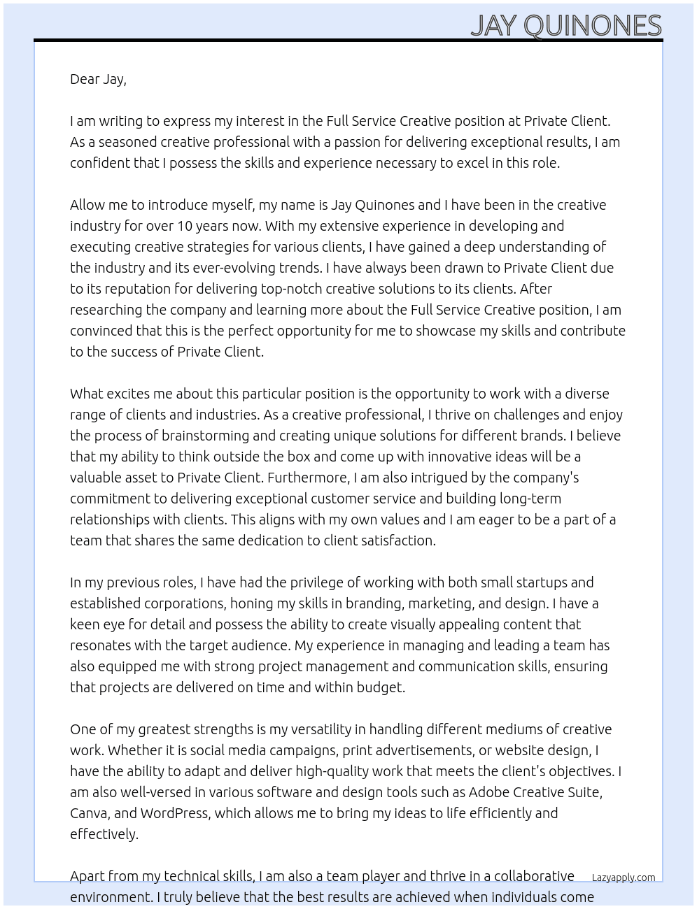 Full service creative At Private client Cover Letter