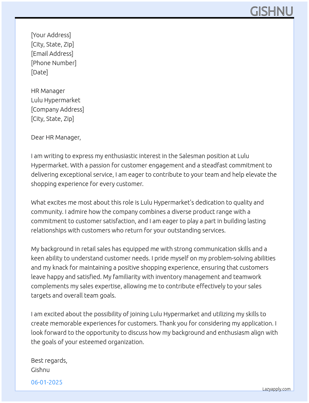 Salesman At lulu hyper market Cover Letter